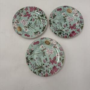 3 Grace's Teaware Salad Plates Turquoise Floral Butterflies Farmhouse